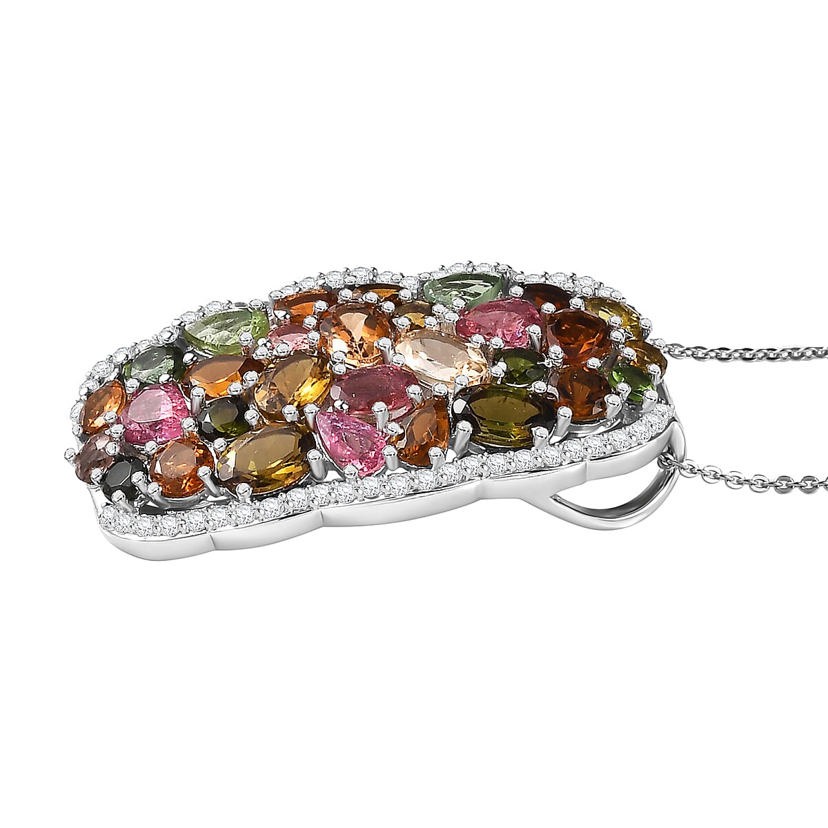 Multi-Tourmaline and White Zircon 10.25 ctw Pendant Necklace in Platinum Over Sterling Silver 20 Inches