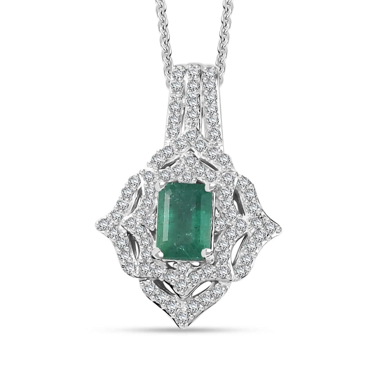 TLV Premium Kagem Zambian Emerald, White Zircon Pendant Necklace (20 Inches) in Platinum Over Sterling Silver 1.75 ctw image number 0