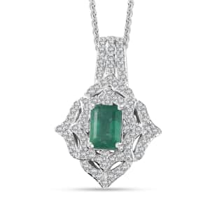 Premium Kagem Zambian Emerald and White Zircon Pendant Necklace 20 Inches in Rhodium Over Sterling Silver 1.75 ctw