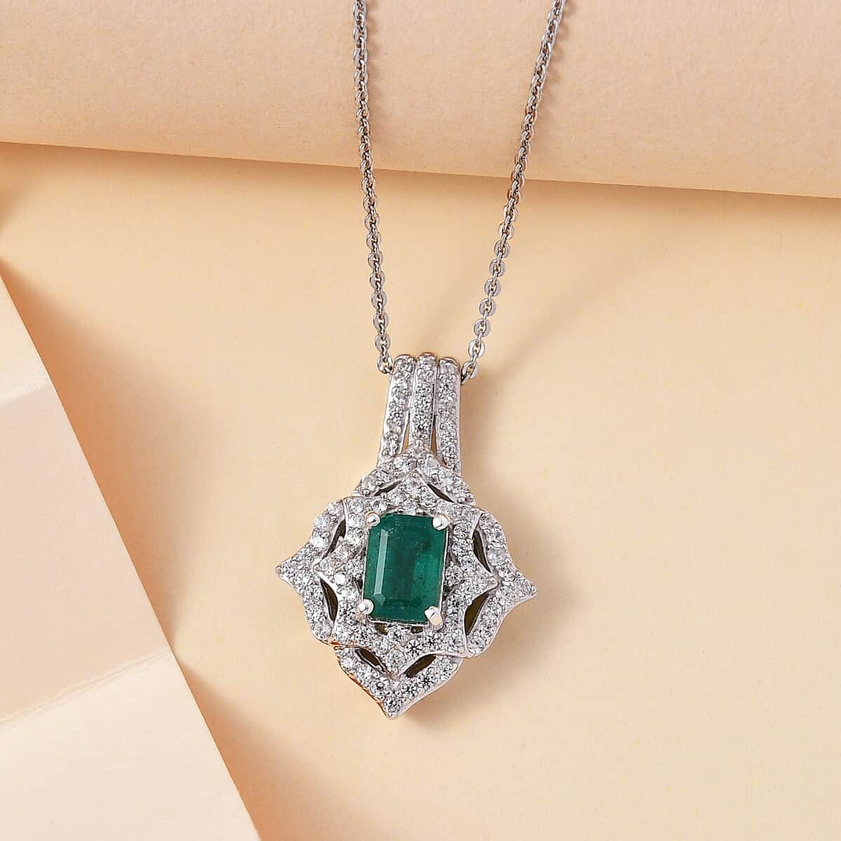 TLV Premium Kagem Zambian Emerald, White Zircon Pendant Necklace (20 Inches) in Platinum Over Sterling Silver 1.75 ctw image number 1