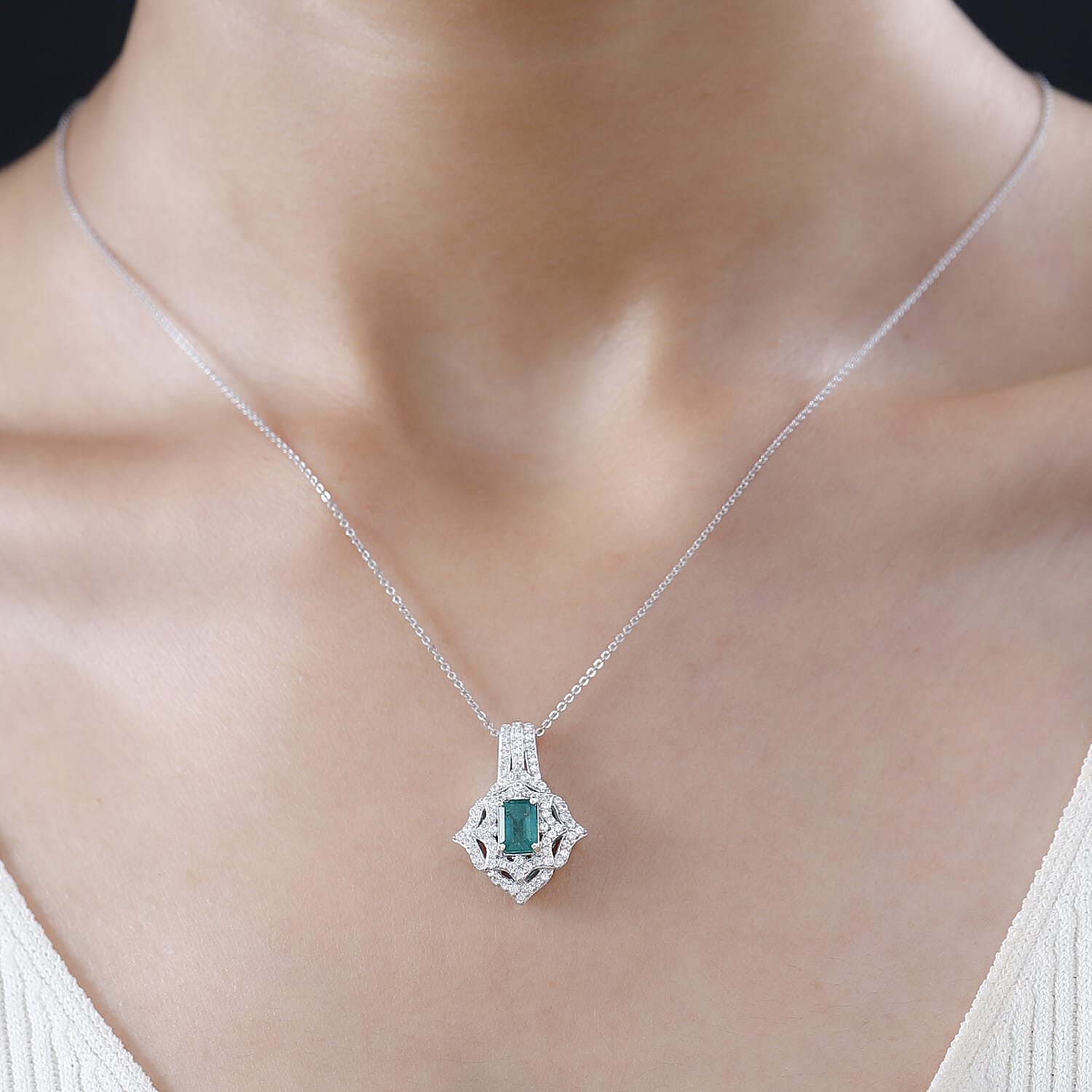 Premium Kagem Zambian Emerald and White Zircon Pendant Necklace 20 Inches in Rhodium Over Sterling Silver 1.75 ctw