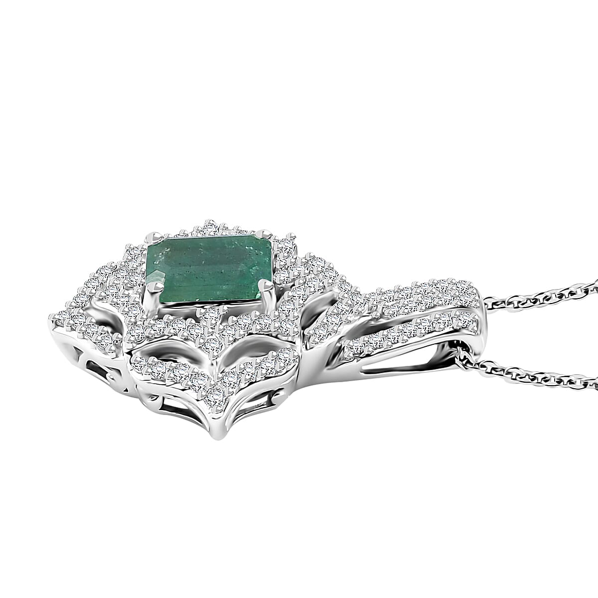 Premium Kagem Zambian Emerald and White Zircon Pendant Necklace 20 Inches in Rhodium Over Sterling Silver 1.75 ctw