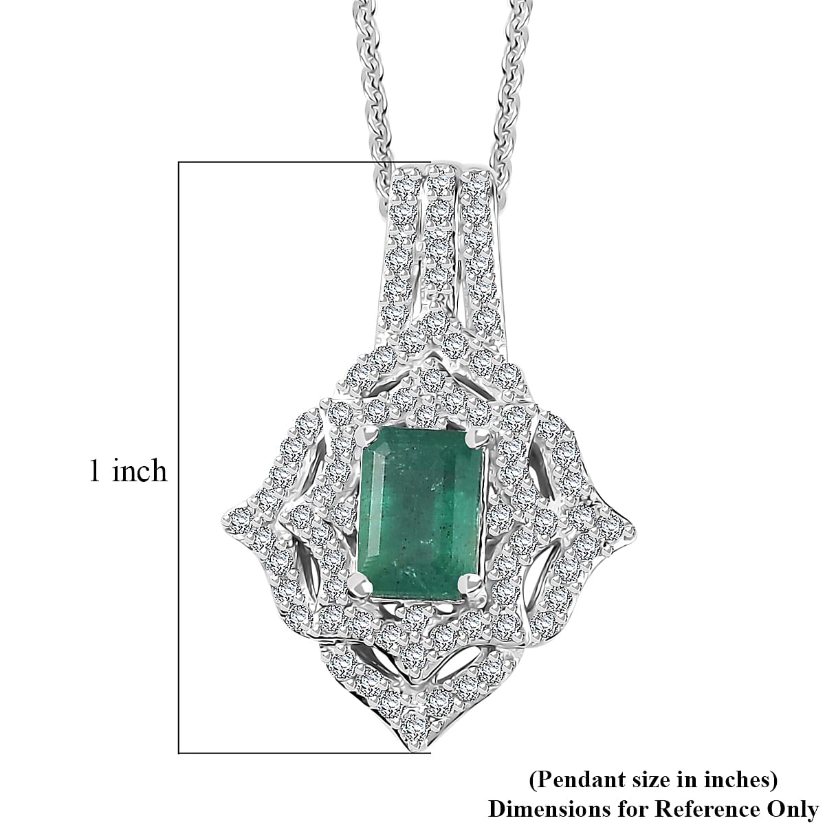 Premium Kagem Zambian Emerald and White Zircon Pendant Necklace 20 Inches in Rhodium Over Sterling Silver 1.75 ctw