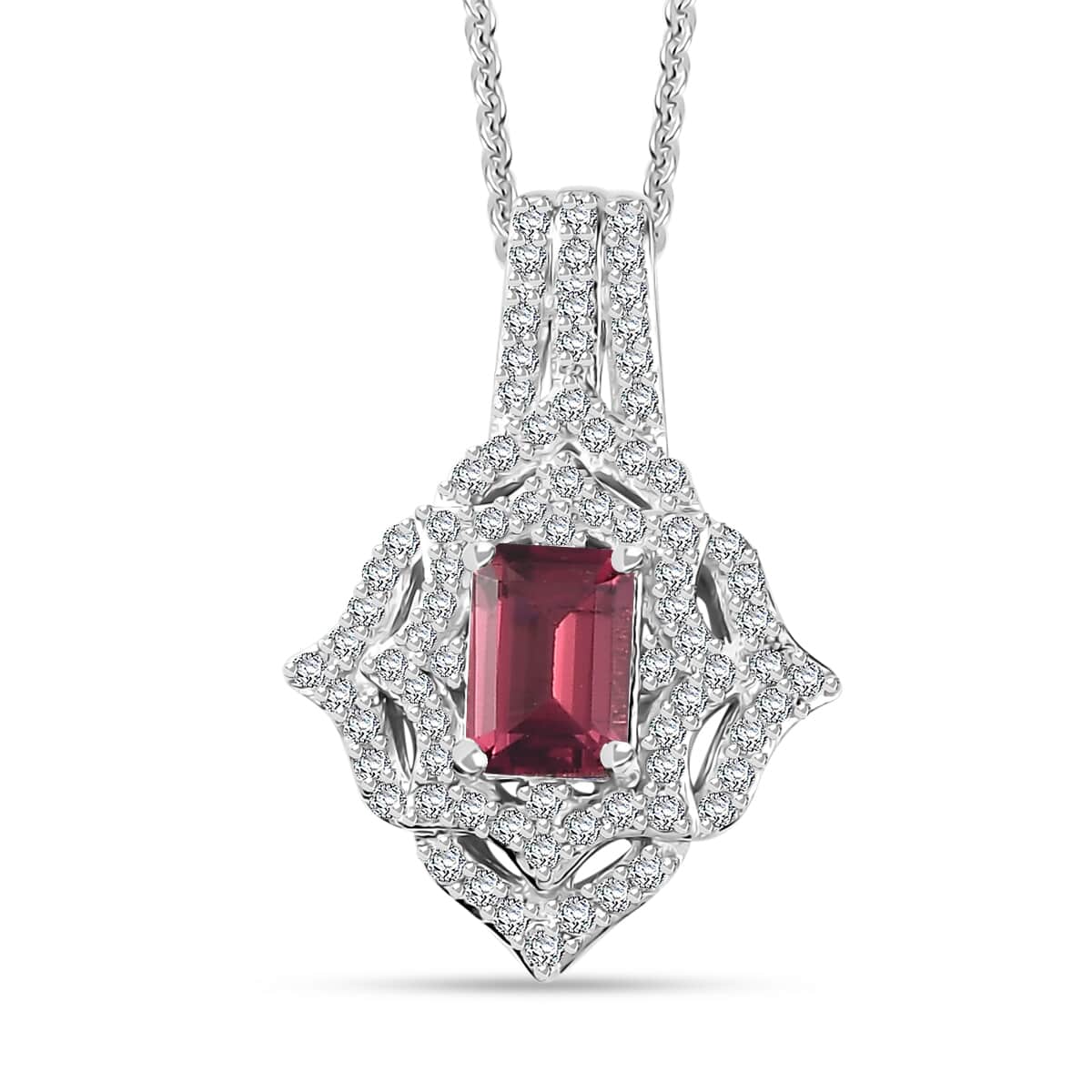 Premium Ofiki Rubellite and White Zircon Pendant Necklace 20 Inches in Rhodium Over Sterling Silver 1.75 ctw image number 0