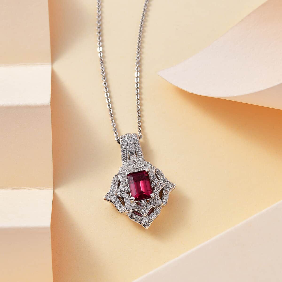 Premium Ofiki Rubellite and White Zircon Pendant Necklace 20 Inches in Rhodium Over Sterling Silver 1.75 ctw image number 1