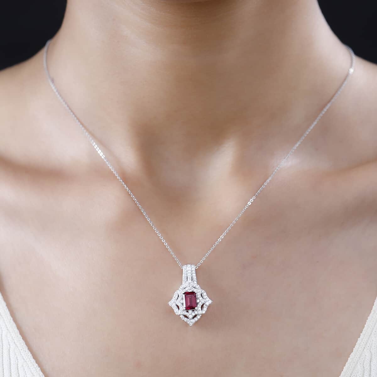 Premium Ofiki Rubellite and White Zircon Pendant Necklace 20 Inches in Rhodium Over Sterling Silver 1.75 ctw image number 2