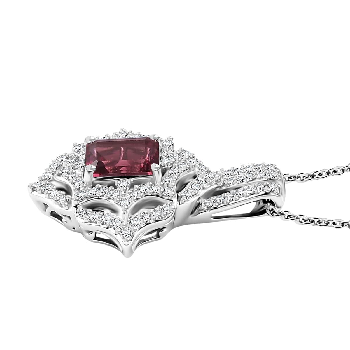 Premium Ofiki Rubellite and White Zircon Pendant Necklace 20 Inches in Rhodium Over Sterling Silver 1.75 ctw image number 3