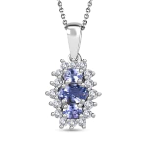 Tanzanite and White Zircon Pendant Necklace 20 Inches in Rhodium Over Sterling Silver 1.30 ctw