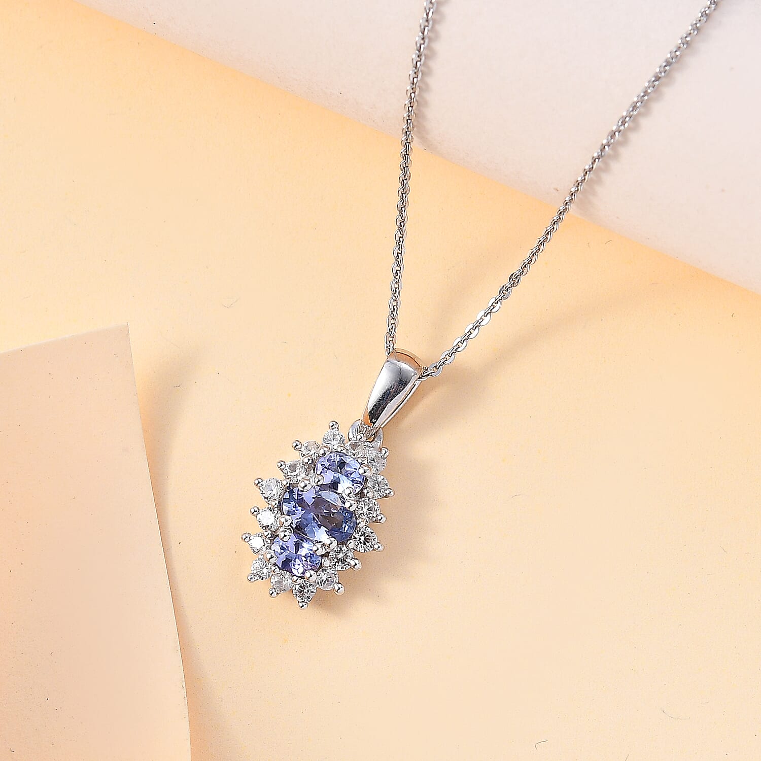Tanzanite and White Zircon Pendant Necklace 20 Inches in Rhodium Over Sterling Silver 1.30 ctw