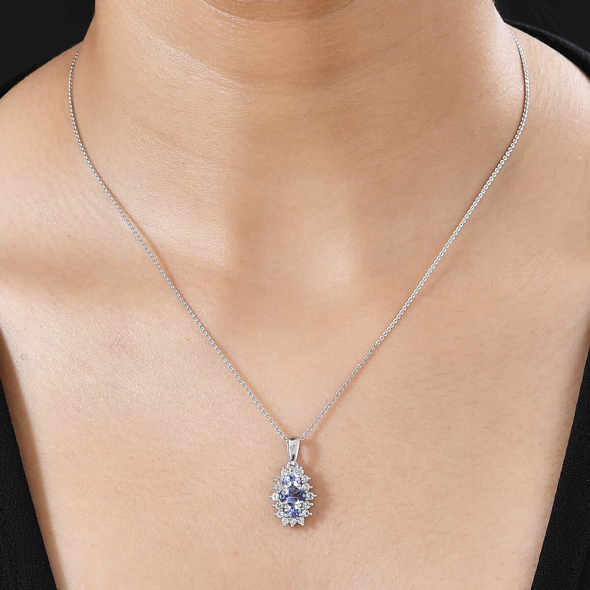 Tanzanite and White Zircon Pendant Necklace 20 Inches in Rhodium Over Sterling Silver 1.30 ctw image number 2