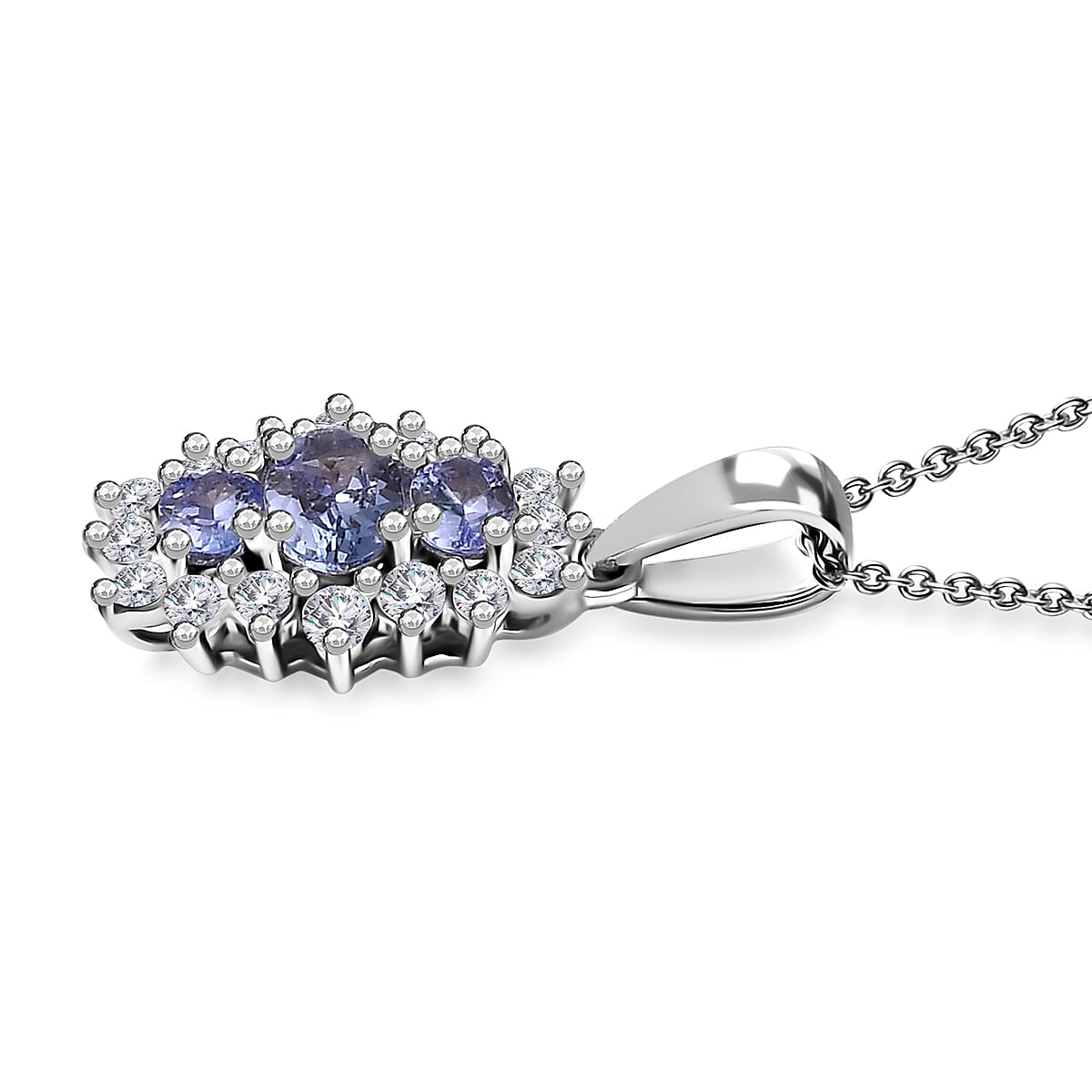 Tanzanite and White Zircon Pendant Necklace 20 Inches in Rhodium Over Sterling Silver 1.30 ctw