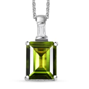 Peridot and Moissanite Pendant Necklace 20 Inches in Rhodium Over Sterling Silver 3.35 ctw