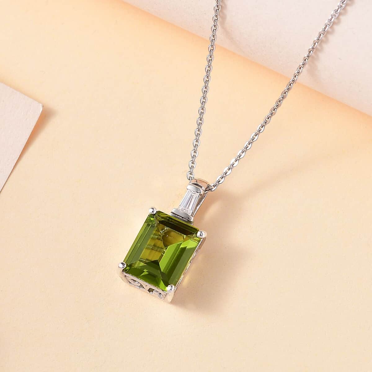 Peridot and Moissanite Pendant Necklace 20 Inches in Rhodium Over Sterling Silver 3.35 ctw image number 1