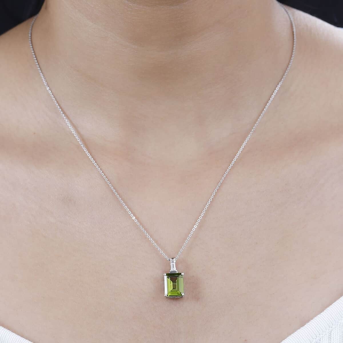 Peridot and Moissanite Pendant Necklace 20 Inches in Rhodium Over Sterling Silver 3.35 ctw image number 2