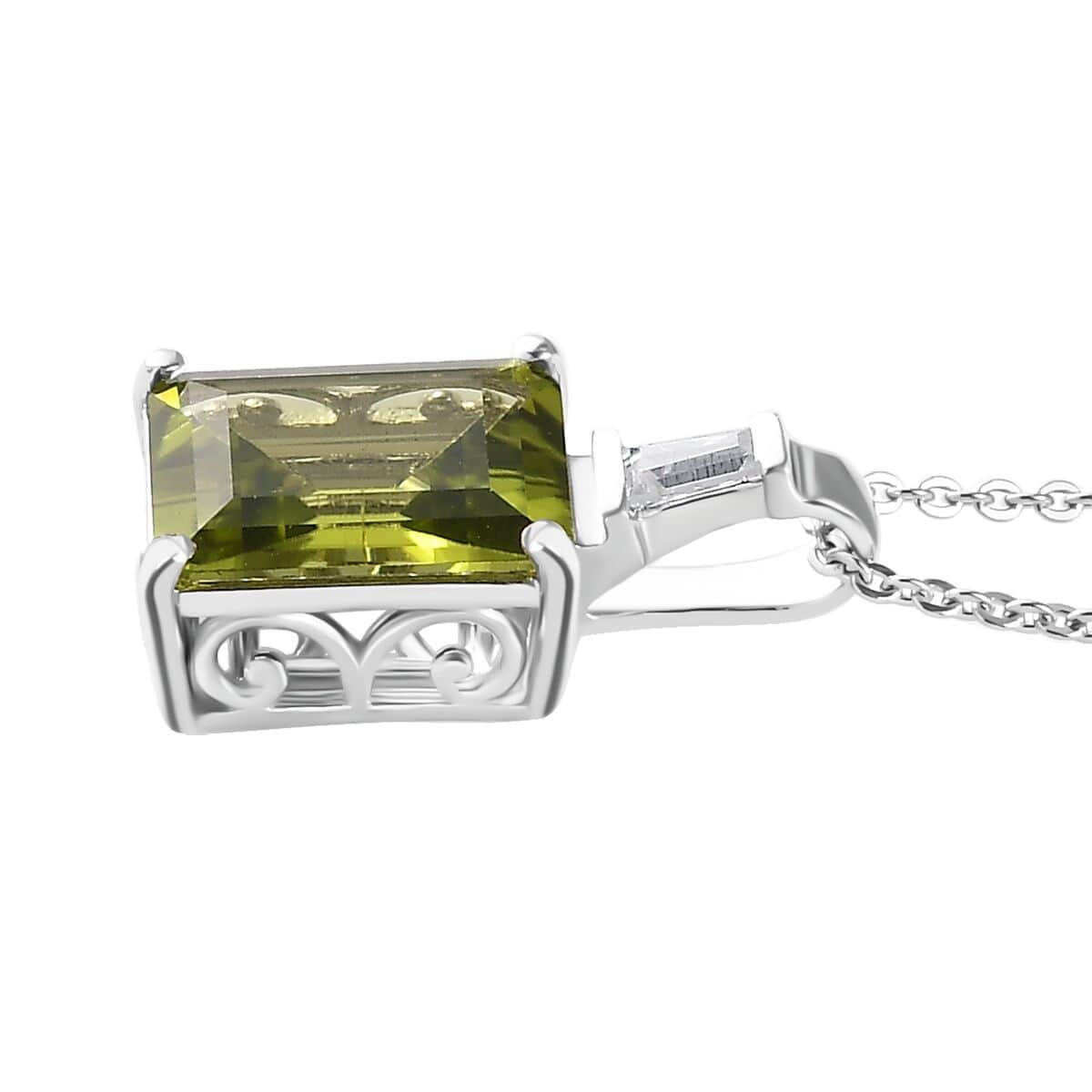 Peridot and Moissanite Pendant Necklace 20 Inches in Rhodium Over Sterling Silver 3.35 ctw image number 3