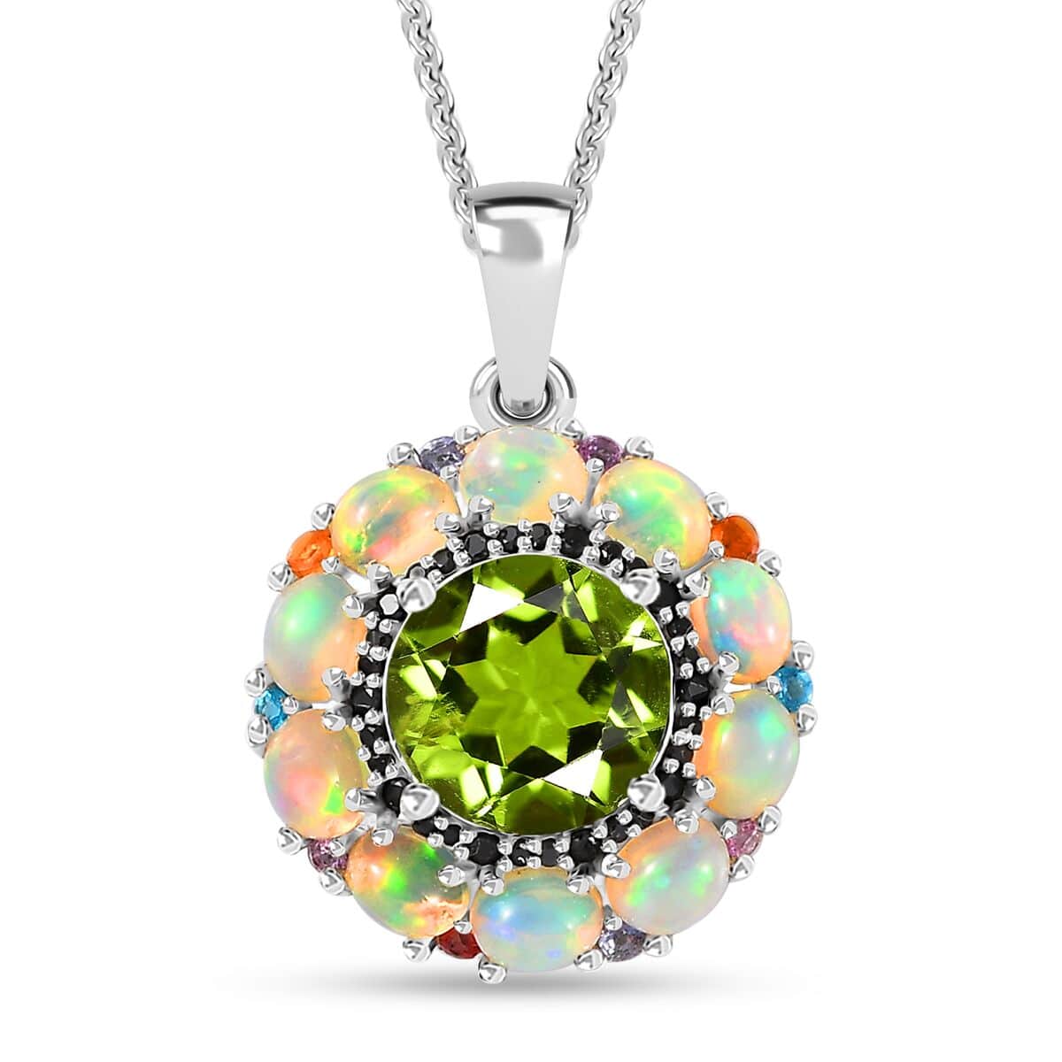 Peridot and Multi Gemstone Floral Pendant Necklace 20 Inches in Rhodium Over Sterling Silver 4.65 ctw image number 0