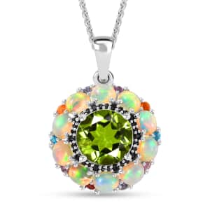 Peridot and Multi Gemstone Floral Pendant Necklace 20 Inches in Rhodium Over Sterling Silver 4.65 ctw
