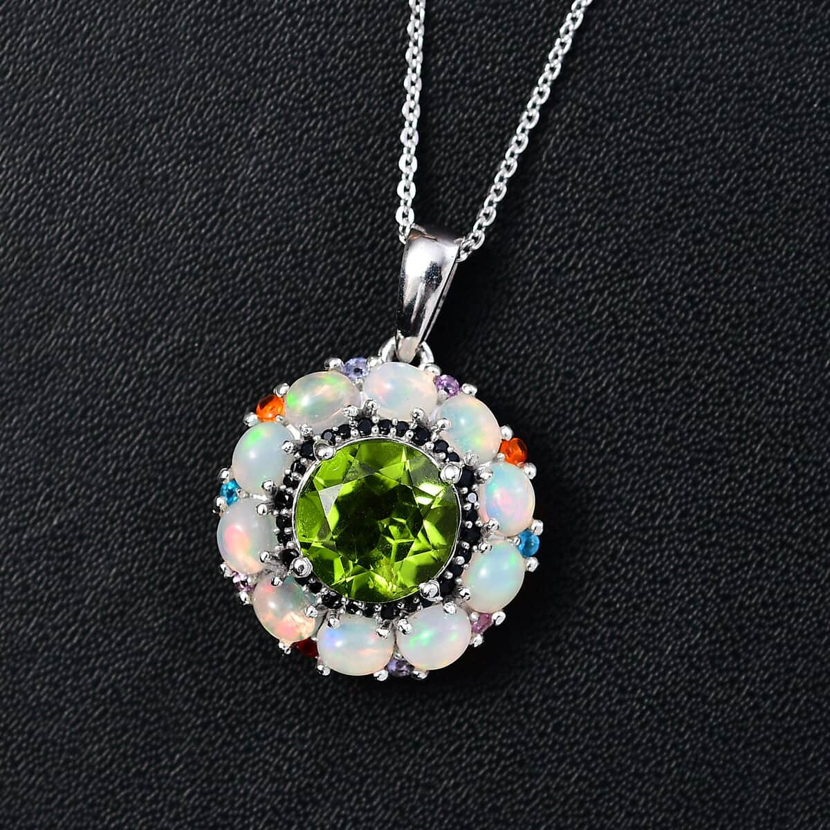 Peridot and Multi Gemstone Floral Pendant Necklace 20 Inches in Rhodium Over Sterling Silver 4.65 ctw image number 1