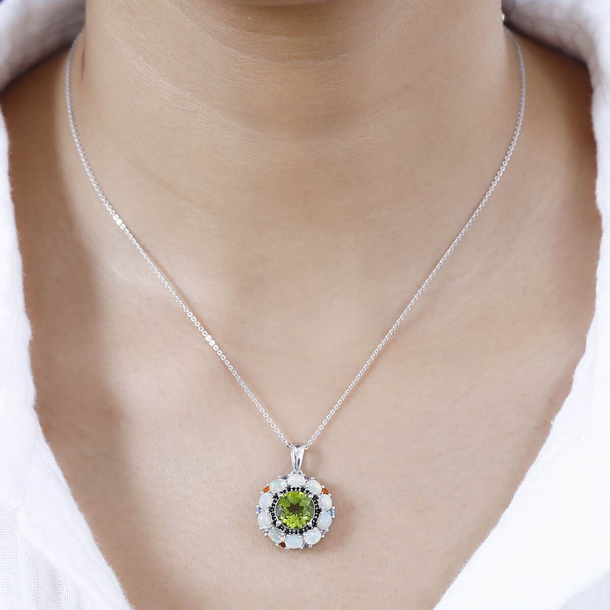 Peridot and Multi Gemstone Floral Pendant Necklace 20 Inches in Rhodium Over Sterling Silver 4.65 ctw image number 2