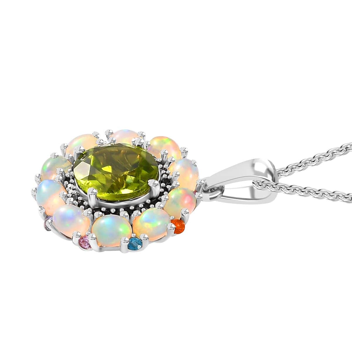 Peridot and Multi Gemstone Floral Pendant Necklace 20 Inches in Rhodium Over Sterling Silver 4.65 ctw image number 3