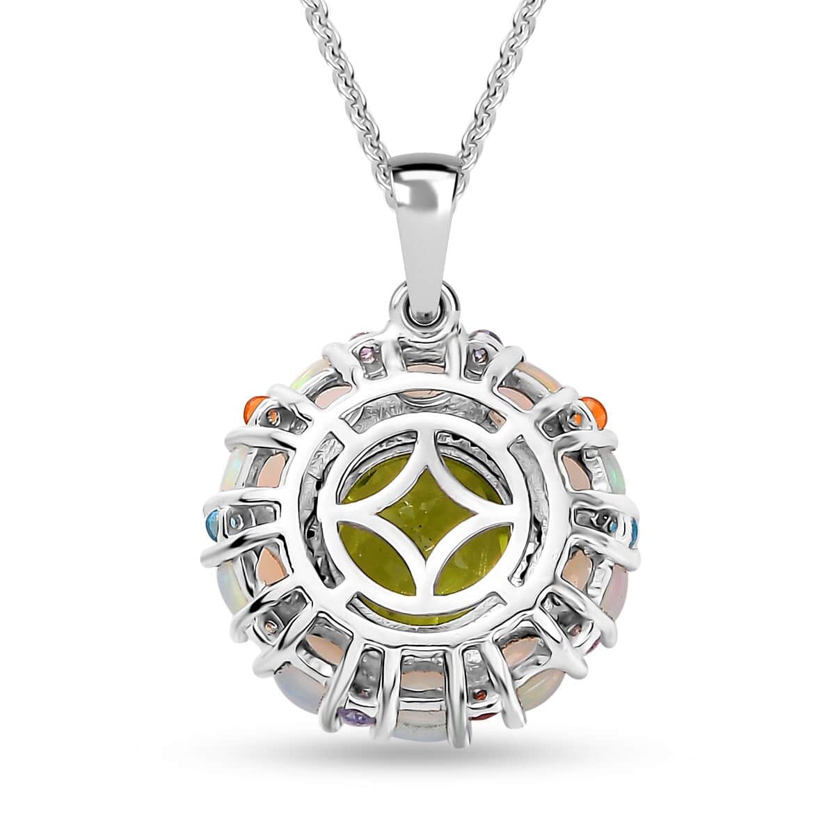 Peridot and Multi Gemstone Floral Pendant Necklace 20 Inches in Rhodium Over Sterling Silver 4.65 ctw image number 4