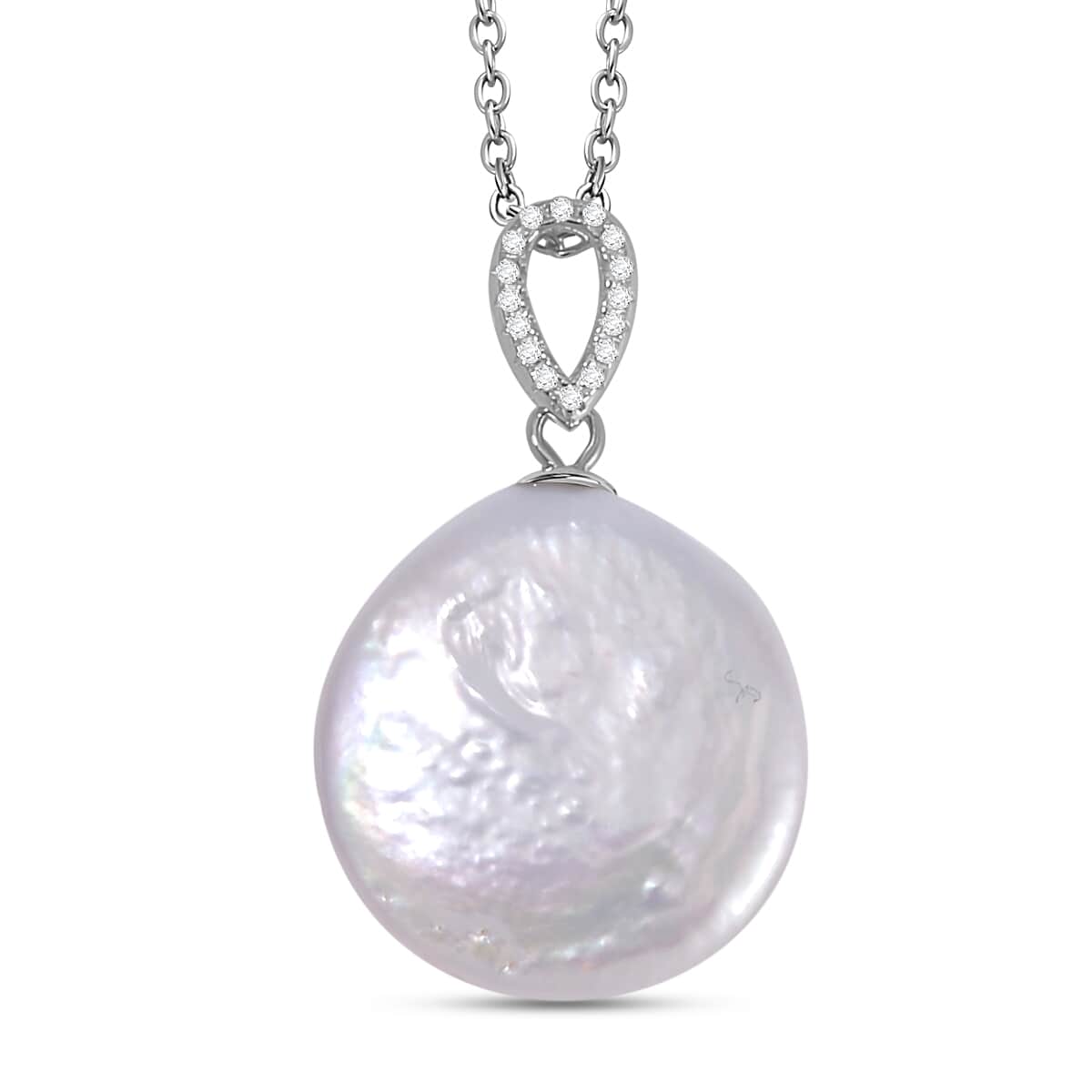 White Coin Keshi Pearl and White Zircon Pendant in Sterling Silver with Stainless Steel Chain 20 Inches 1.00 ctw image number 0