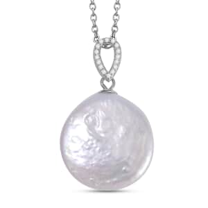 White Coin Keshi Pearl and White Zircon Pendant in Sterling Silver with Stainless Steel Chain 20 Inches 1.00 ctw