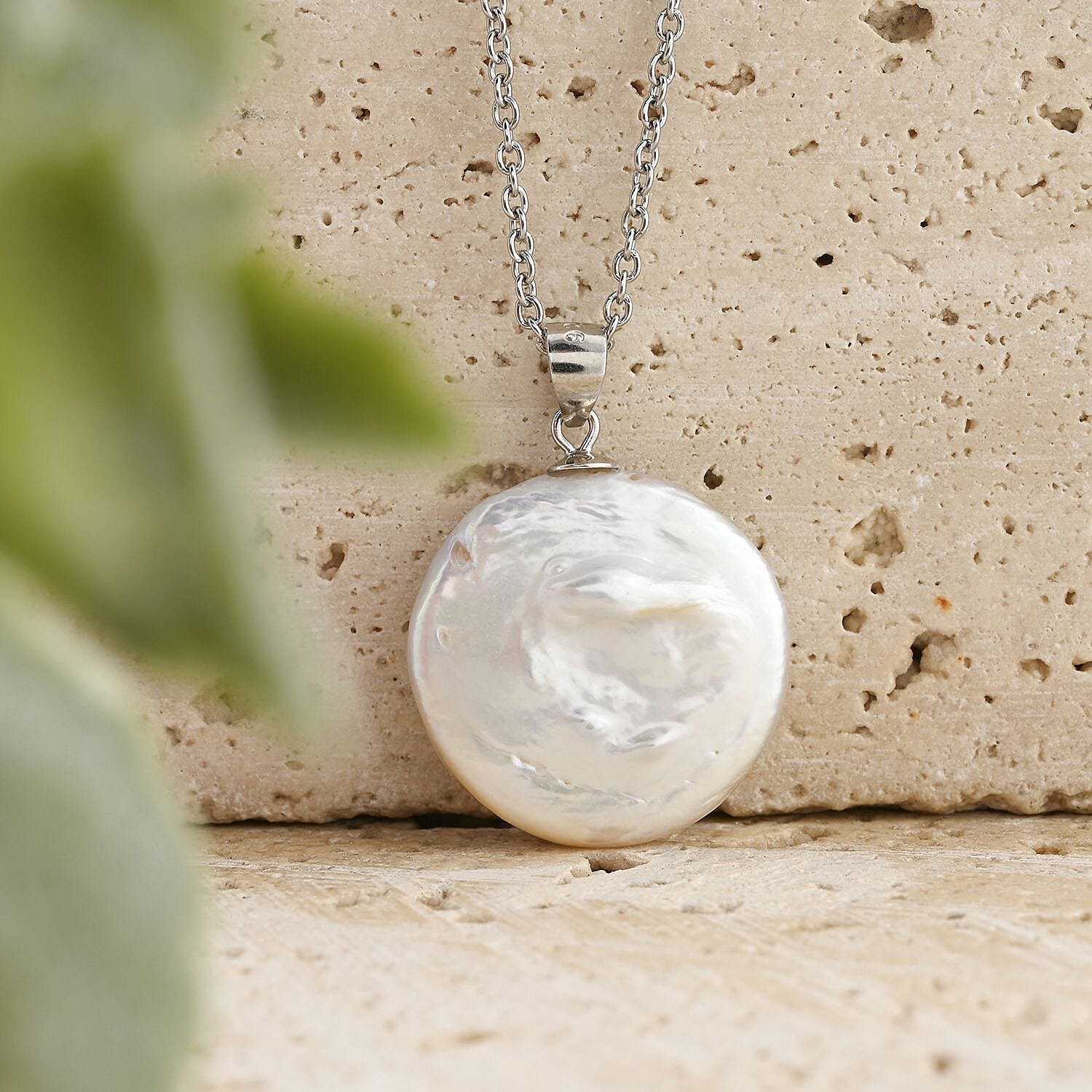 White Coin Keshi Pearl and White Zircon Pendant in Sterling Silver with Stainless Steel Chain 20 Inches 1.00 ctw