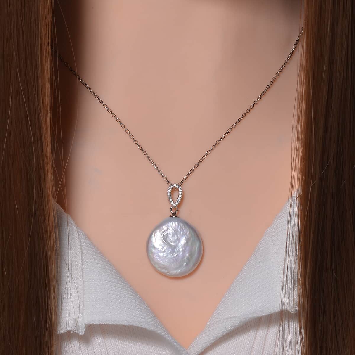 White Coin Keshi Pearl and White Zircon Pendant in Sterling Silver with Stainless Steel Chain 20 Inches 1.00 ctw image number 1