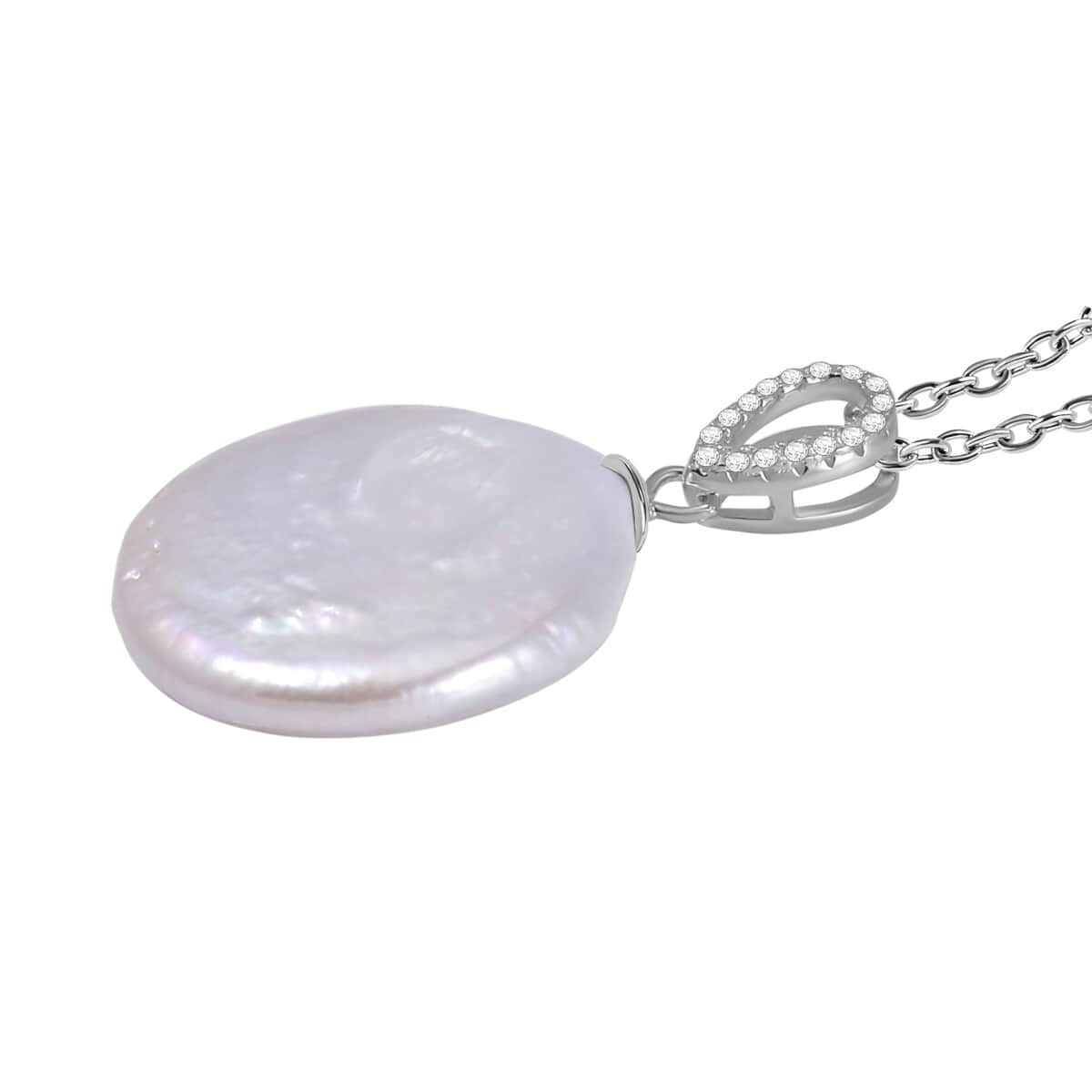 White Coin Keshi Pearl and White Zircon Pendant in Sterling Silver with Stainless Steel Chain 20 Inches 1.00 ctw image number 2