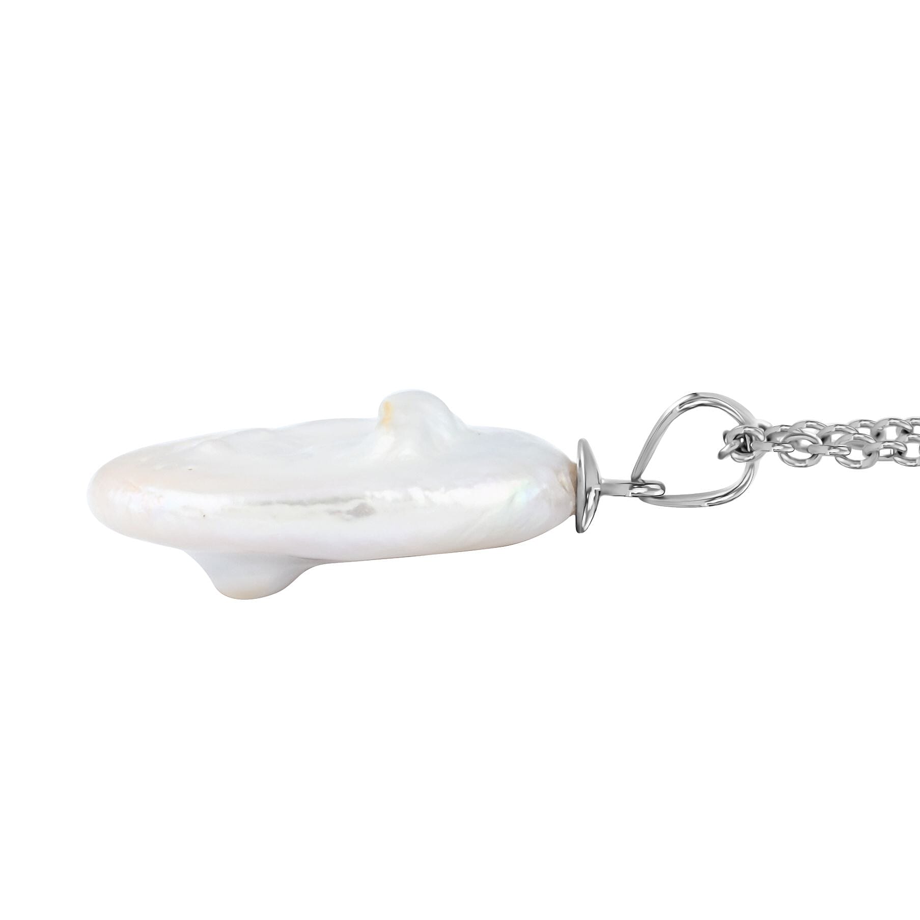 White Coin Keshi Pearl and White Zircon Pendant in Sterling Silver with Stainless Steel Chain 20 Inches 1.00 ctw