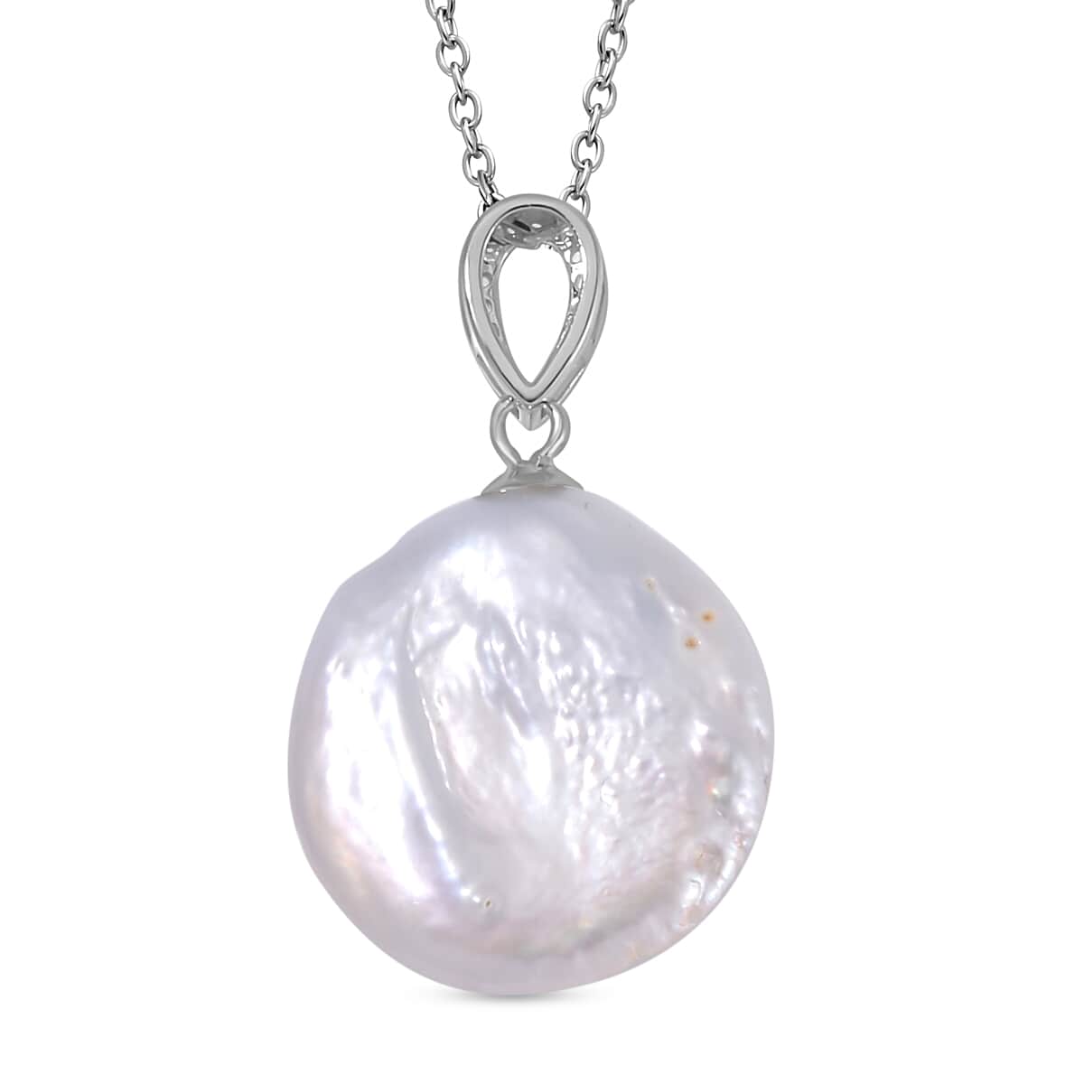 White Coin Keshi Pearl and White Zircon Pendant in Sterling Silver with Stainless Steel Chain 20 Inches 1.00 ctw image number 3