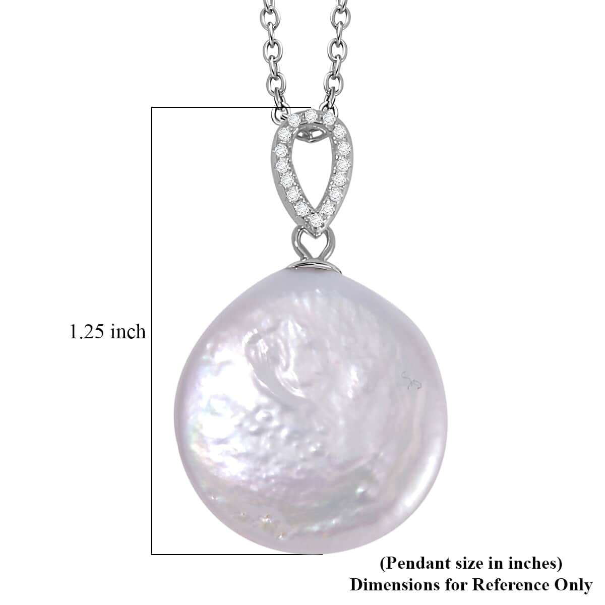 White Coin Keshi Pearl and White Zircon Pendant in Sterling Silver with Stainless Steel Chain 20 Inches 1.00 ctw image number 5