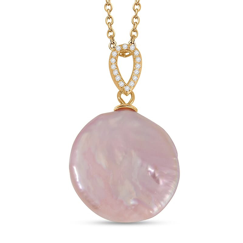 Purple Coin Keshi Pearl and White Zircon Pendant in 14K YG Over Sterling Silver with ION Plated YG Stainless Steel Chain 20 Inches 1.00 ctw
