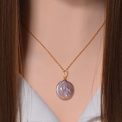 Purple Coin Keshi Pearl and White Zircon Pendant in 14K YG Over Sterling Silver with ION Plated YG Stainless Steel Chain 20 Inches 1.00 ctw