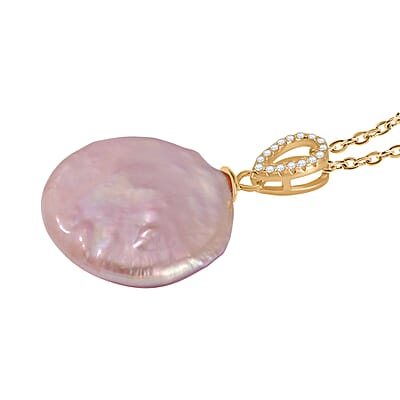 Purple Coin Keshi Pearl and White Zircon Pendant in 14K YG Over Sterling Silver with ION Plated YG Stainless Steel Chain 20 Inches 1.00 ctw
