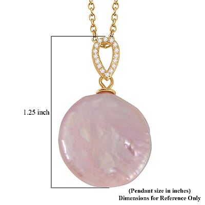 Purple Coin Keshi Pearl and White Zircon Pendant in 14K YG Over Sterling Silver with ION Plated YG Stainless Steel Chain 20 Inches 1.00 ctw