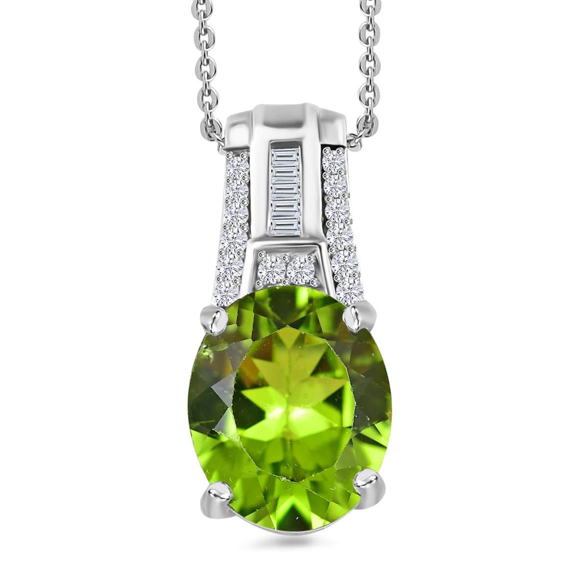 Peridot and Moissanite Pendant Necklace 20 Inches in Rhodium Over Sterling Silver 5.00 ctw image number 0