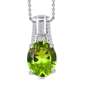 Peridot and Moissanite Pendant Necklace 20 Inches in Rhodium Over Sterling Silver 5.00 ctw