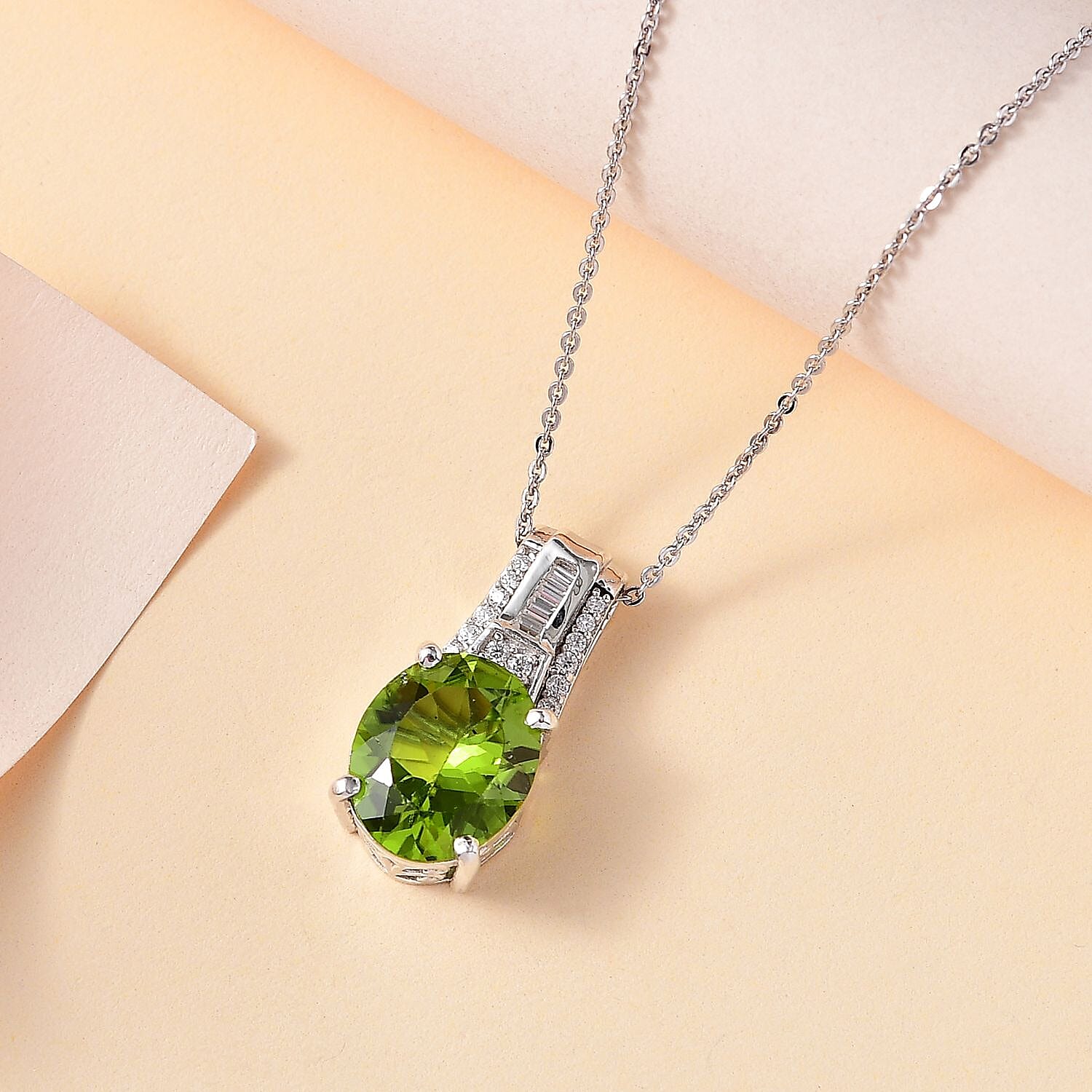 Peridot and Moissanite Pendant Necklace 20 Inches in Rhodium Over Sterling Silver 5.00 ctw