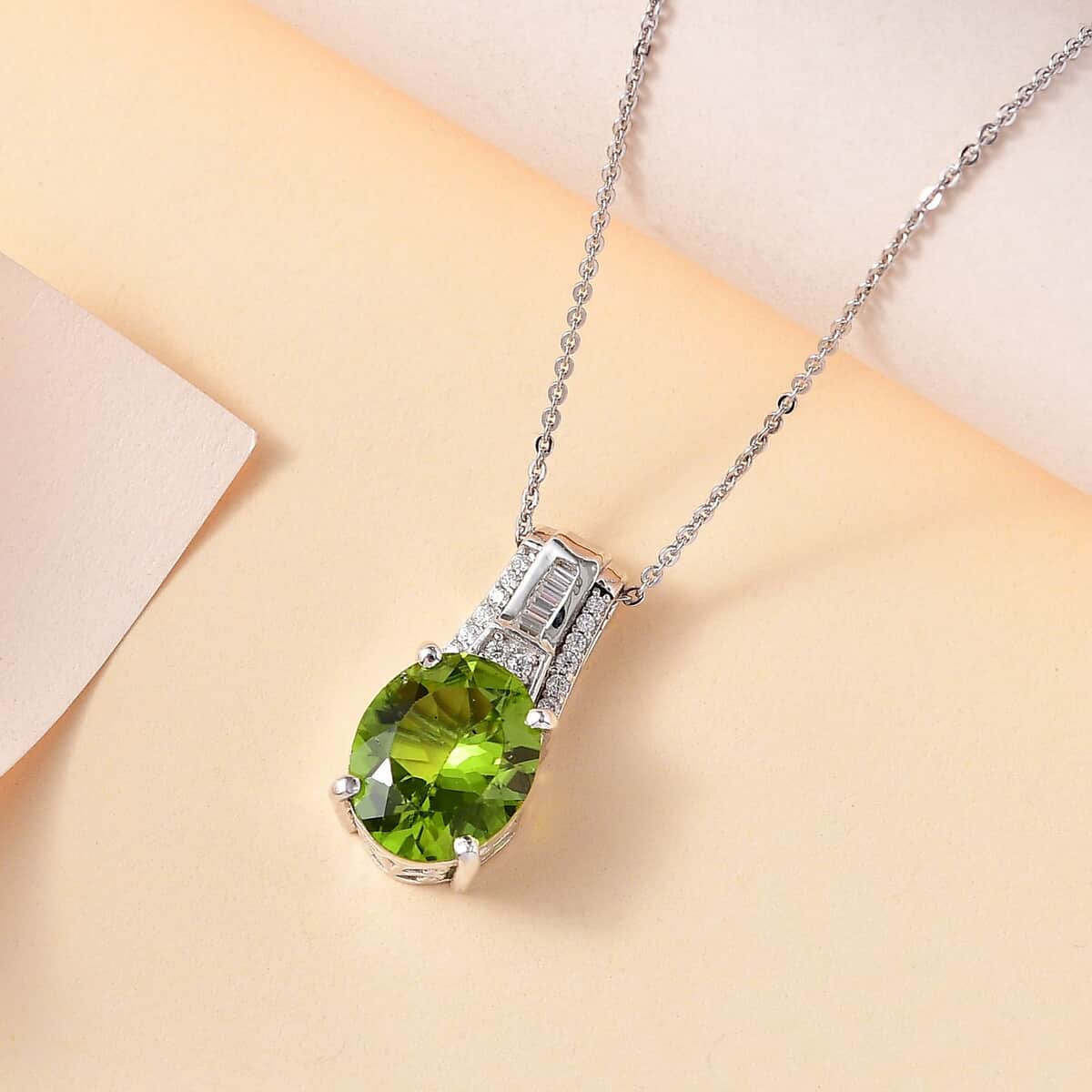 Peridot and Moissanite Pendant Necklace 20 Inches in Rhodium Over Sterling Silver 5.00 ctw image number 1