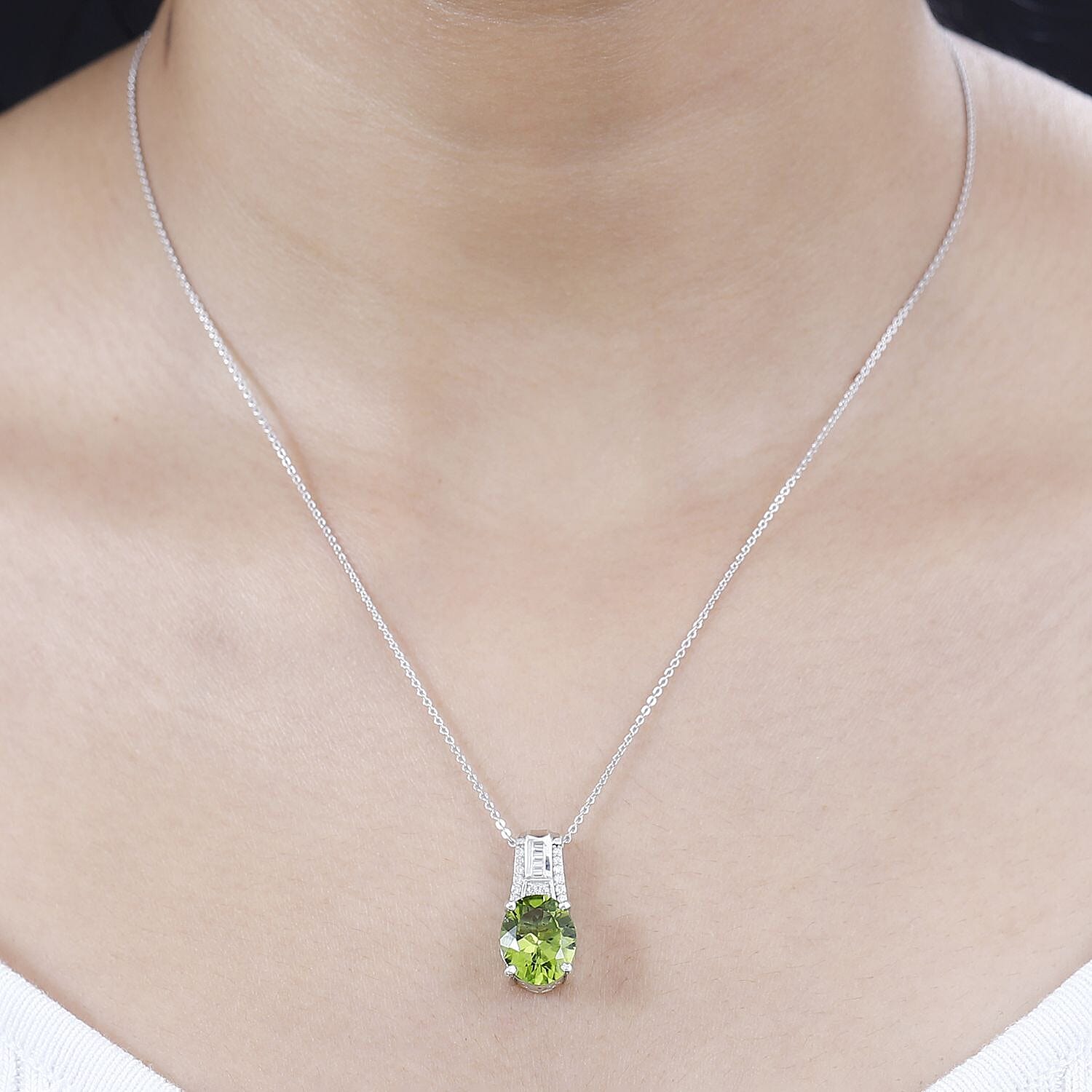 Peridot and Moissanite Pendant Necklace 20 Inches in Rhodium Over Sterling Silver 5.00 ctw