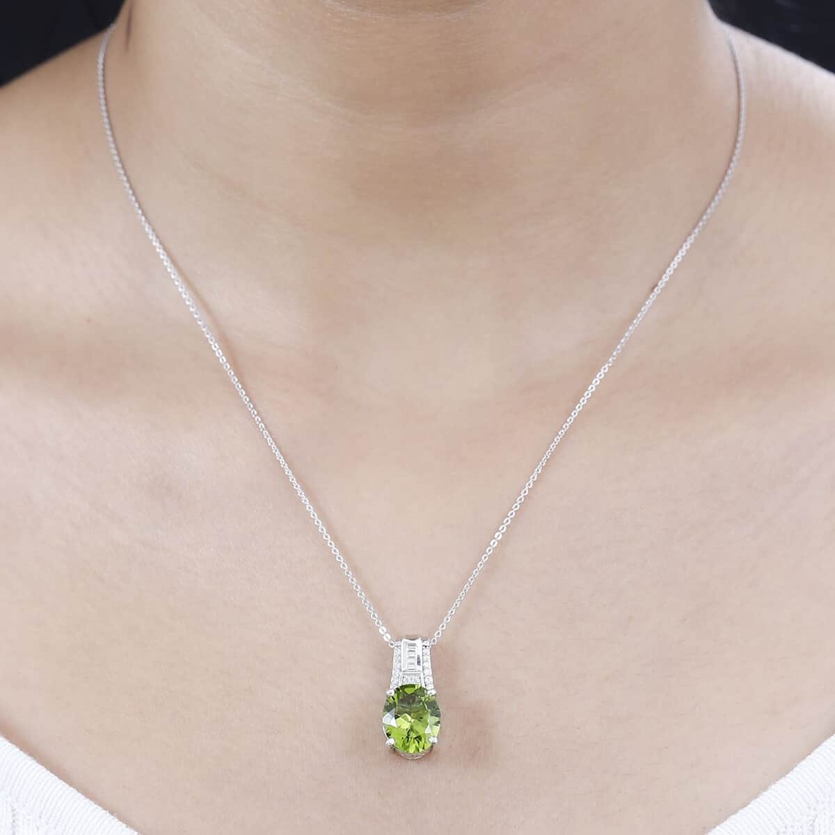 Peridot and Moissanite Pendant Necklace 20 Inches in Rhodium Over Sterling Silver 5.00 ctw image number 2