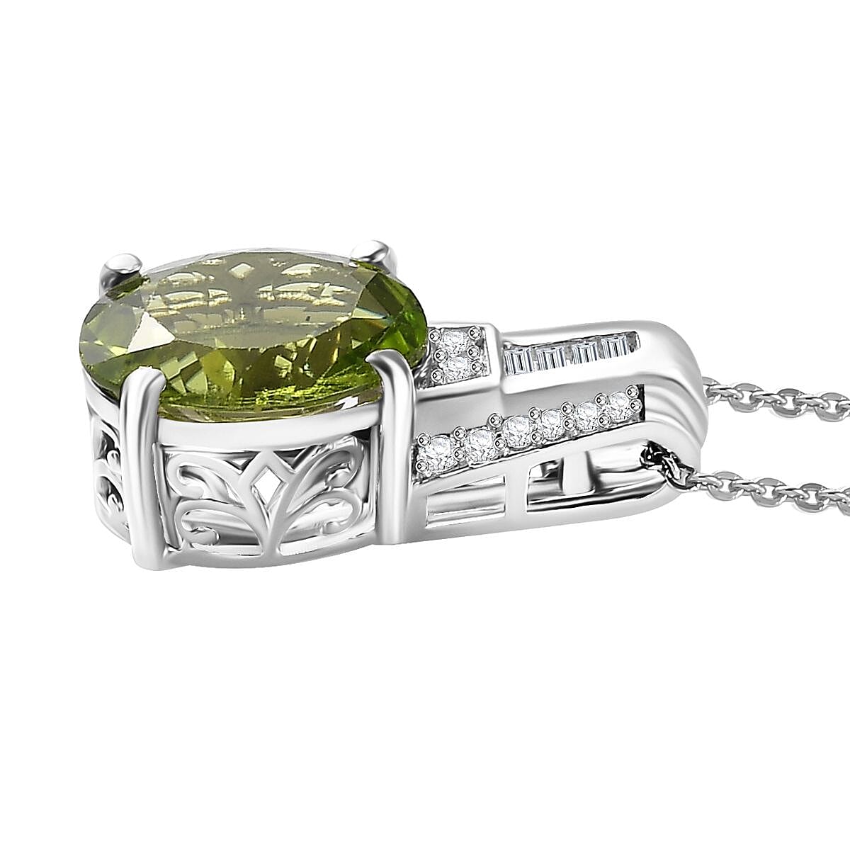 Peridot and Moissanite Pendant Necklace 20 Inches in Rhodium Over Sterling Silver 5.00 ctw