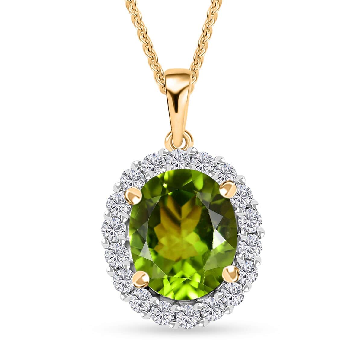 Peridot and Moissanite Sunburst Pendant Necklace 20 Inches in 18K Vermeil Yellow Gold Over Sterling Silver 4.30 ctw image number 0