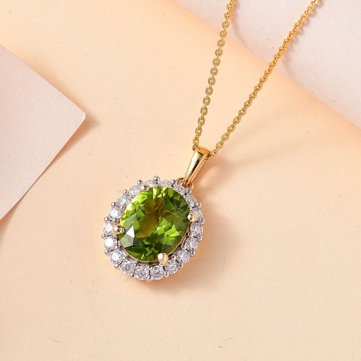 Peridot and Moissanite Sunburst Pendant Necklace 20 Inches in 18K Vermeil Yellow Gold Over Sterling Silver 4.30 ctw image number 1