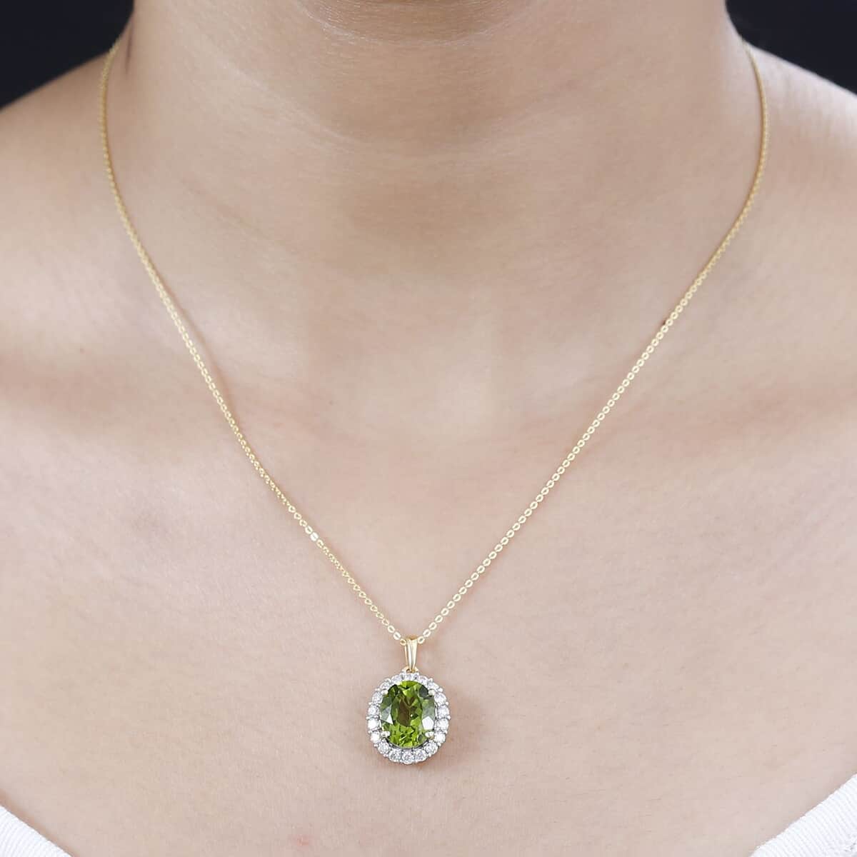 Peridot and Moissanite Sunburst Pendant Necklace 20 Inches in 18K Vermeil Yellow Gold Over Sterling Silver 4.30 ctw image number 2