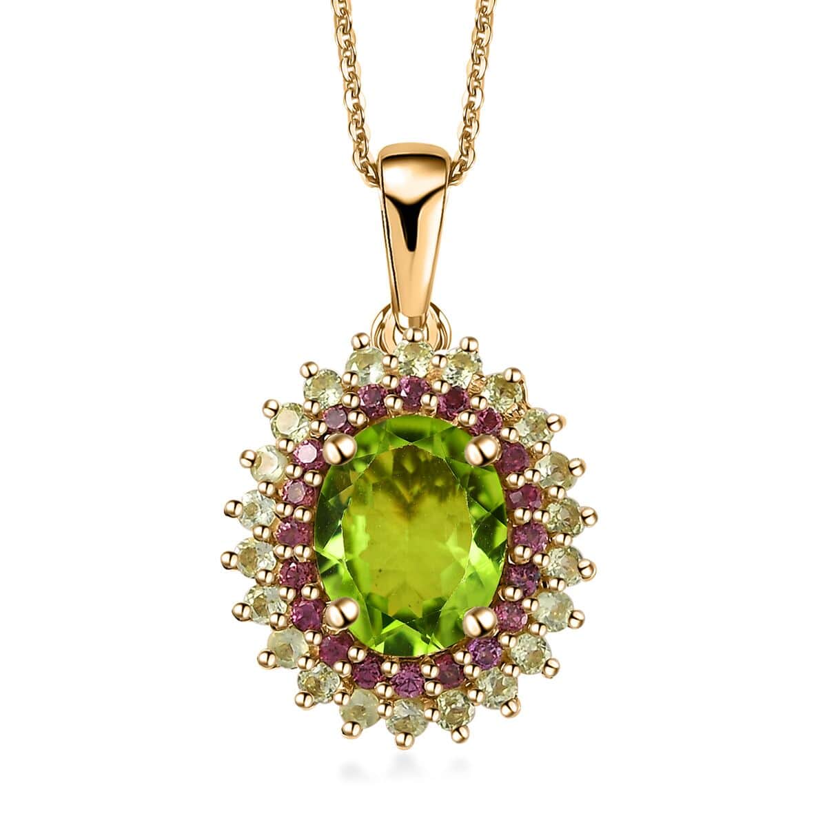 Peridot and Orissa Rhodolite Garnet Sunburst Pendant Necklace 20 Inches in 18K Vermeil Yellow Gold Over Sterling Silver 3.80 ctw image number 0