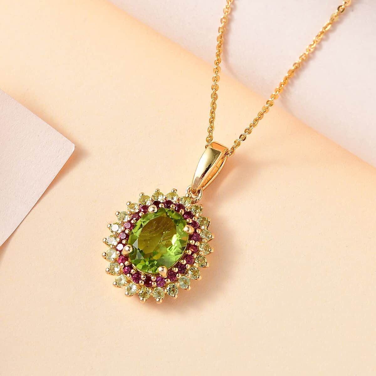 Peridot and Orissa Rhodolite Garnet Sunburst Pendant Necklace 20 Inches in 18K Vermeil Yellow Gold Over Sterling Silver 3.80 ctw image number 1