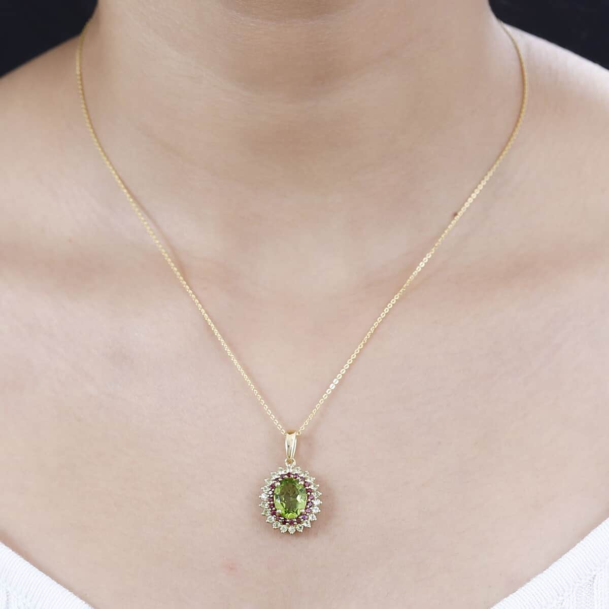Peridot and Orissa Rhodolite Garnet Sunburst Pendant Necklace 20 Inches in 18K Vermeil Yellow Gold Over Sterling Silver 3.80 ctw image number 2